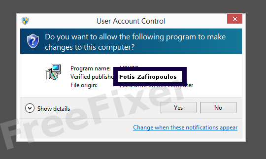 Screenshot where Fotis Zafiropoulos appears as the verified publisher in the UAC dialog